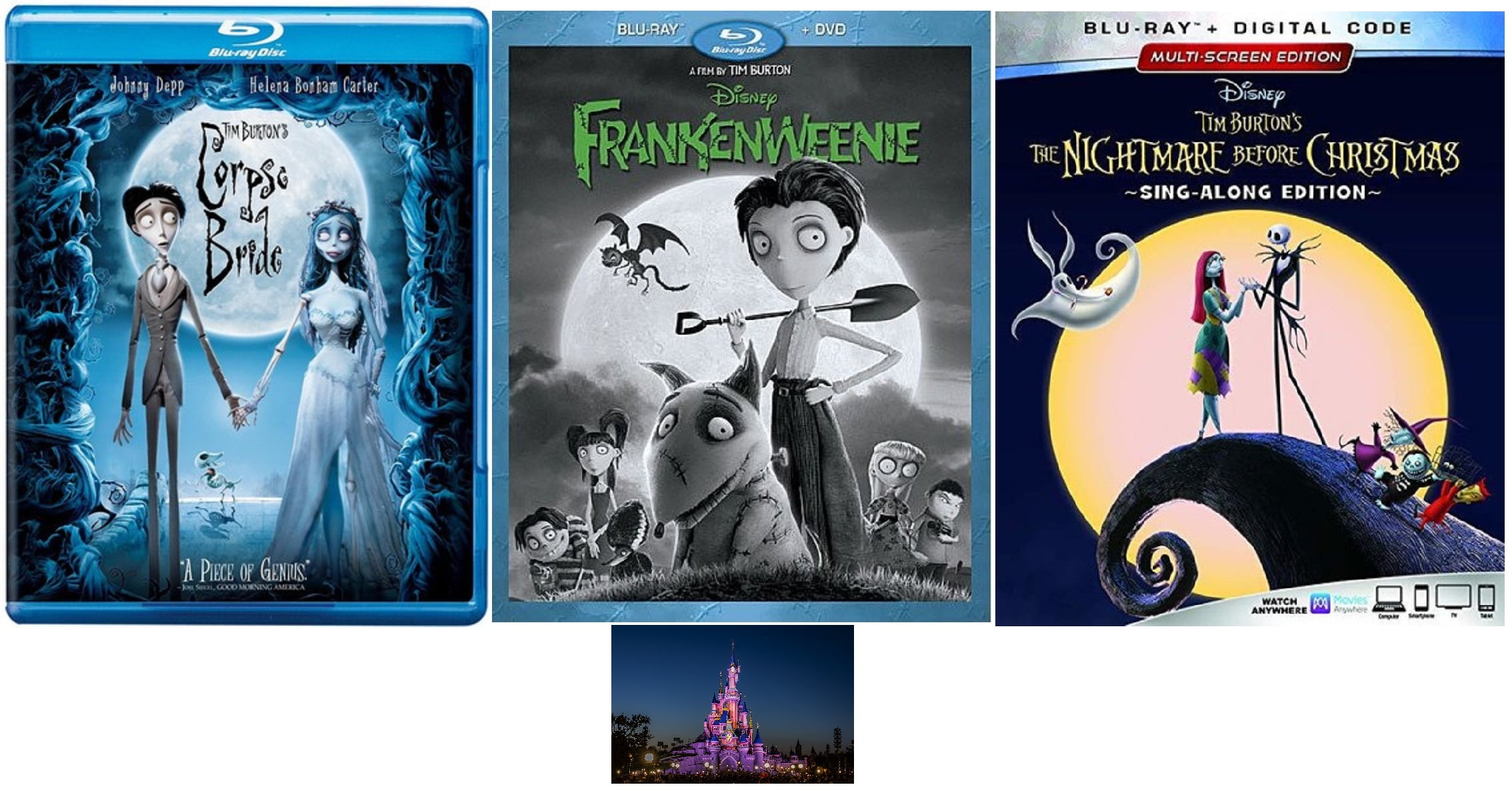 Tim Burton Animated Triple Feature Corpse Bride + Frankenweenie + Nightmare Before Christmas 3 Movie Blu Ray Bundle Disney with Magic Kingdom Art Card
