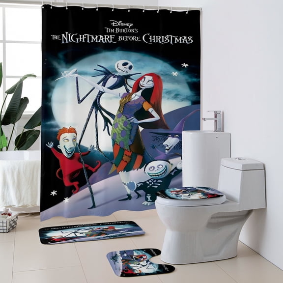 Tim Burton's the Nightmare Before Christmas Polyester Bath 4-PieceShower curtain, toilet mat + two floor mats.