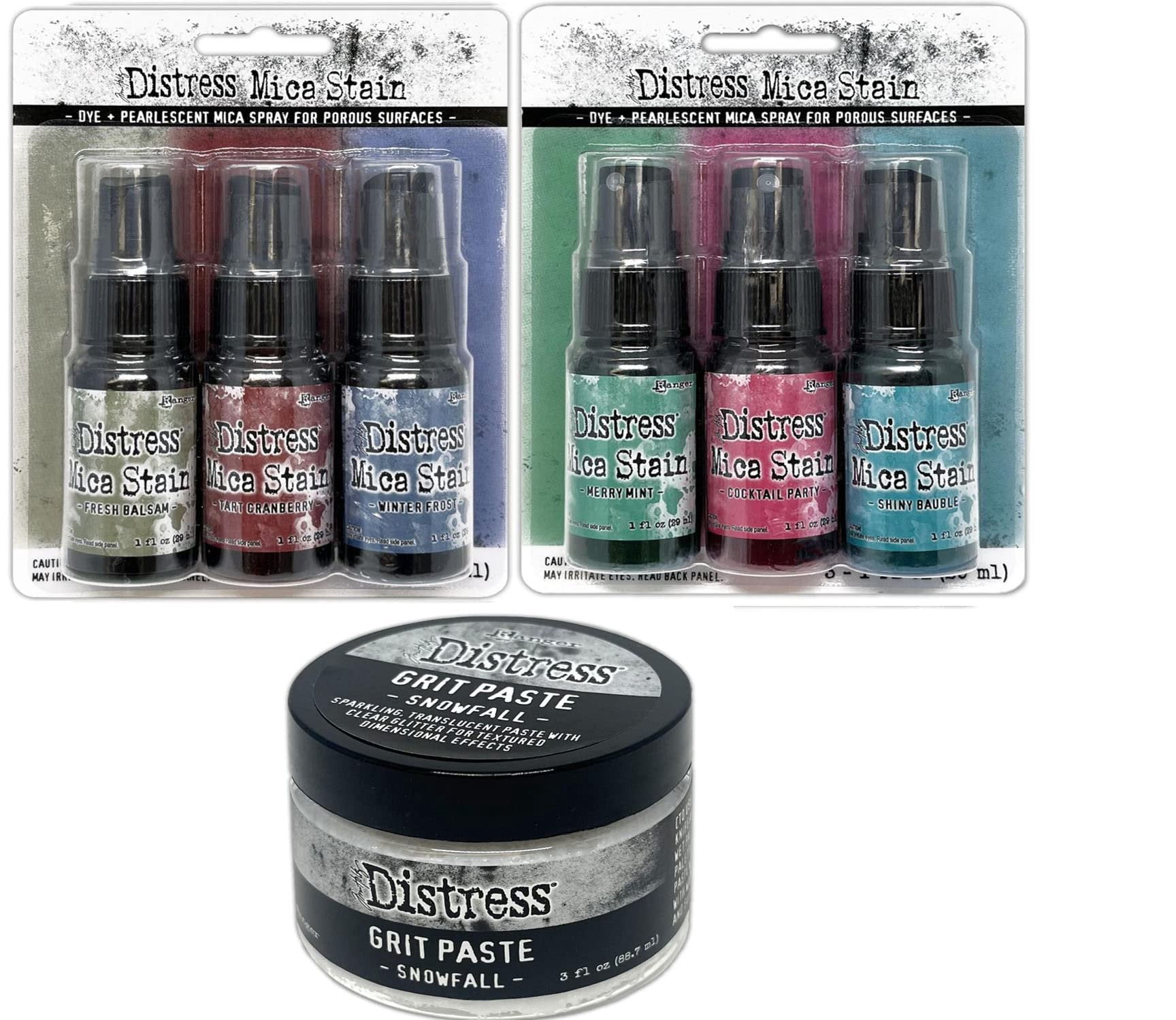 Tim Holtz 2022 Holiday Mica Stains Sets #3 and #4 and Holiday Snowfall Grit Paste - Limited Edition - 3 Item Bundle, Pack of 1, 1.0 fluid_ounces