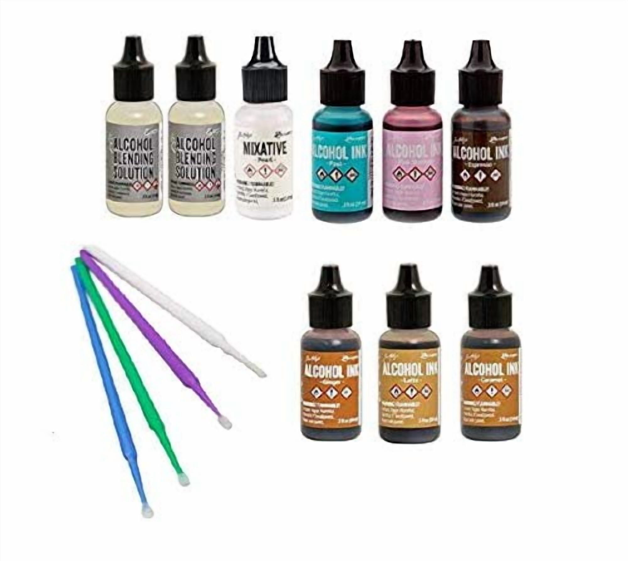 Tim Holtz Adirondack Alcohol Ink Value Pack Bundles of Favorite Colors Plus Pearl Mixative with Two Alcohol Blending Solutions, Bonus Purple Turtle Blending Sticks, Favorite 7 Browns