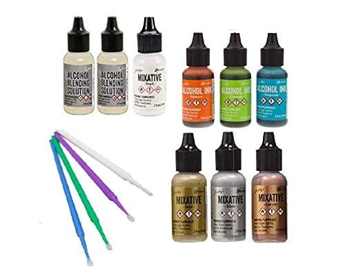 Tim Holtz Adirondack Alcohol Ink Value Pack Bundles of Favorite Colors Plus Pearl Mixative with Two Alcohol Blending Solutions, Bonus Purple Turtle Blending Sticks, Favorite 8 Metallics and Brights