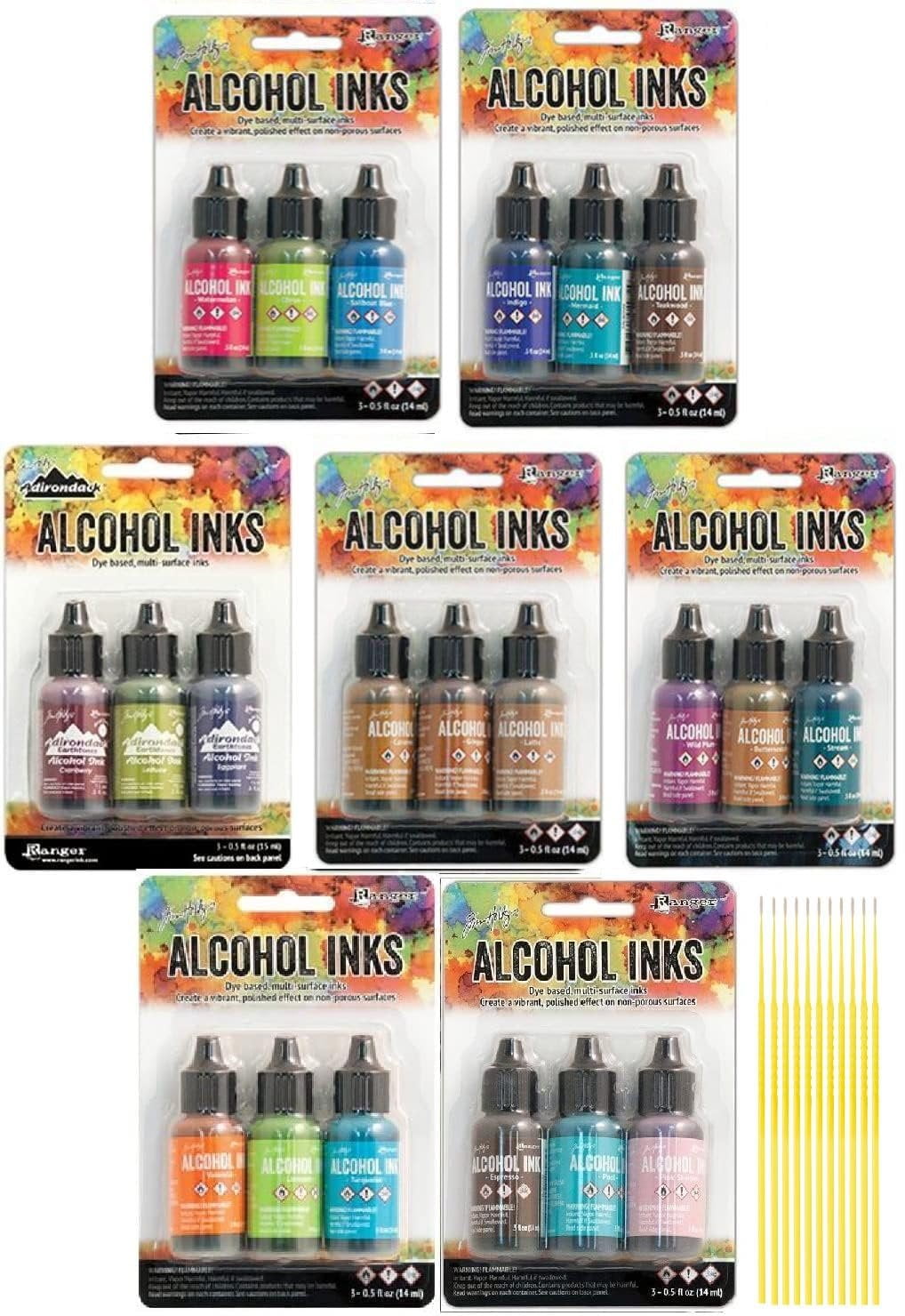 Tim Holtz Adirondack Alcohol Inks - 7 Packages - 21 Ink Bottles Total Dockside Picnic, Summit View, Retro Cafe, Nature Walk, Cabin Cupboard, Mariners, Farmer's Market with Trebbies Detail Sticks