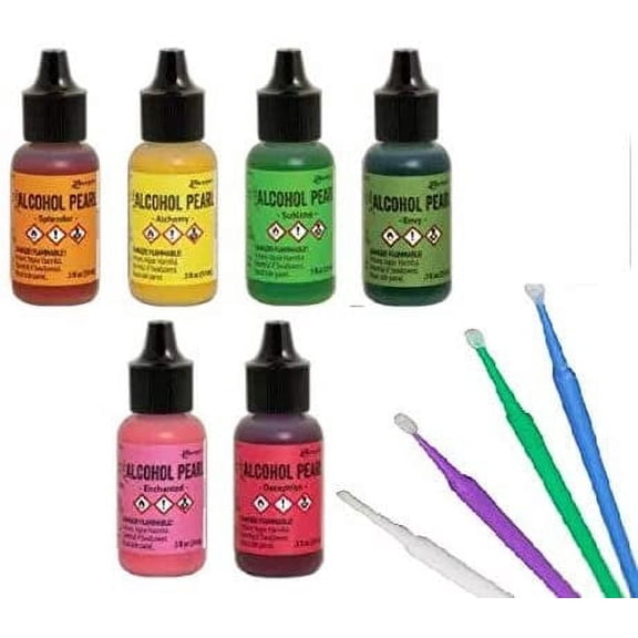Tim Holtz Alcohol Pearls Bundle 6 Bottles Plus Blending Tools Set 1-6 Colors