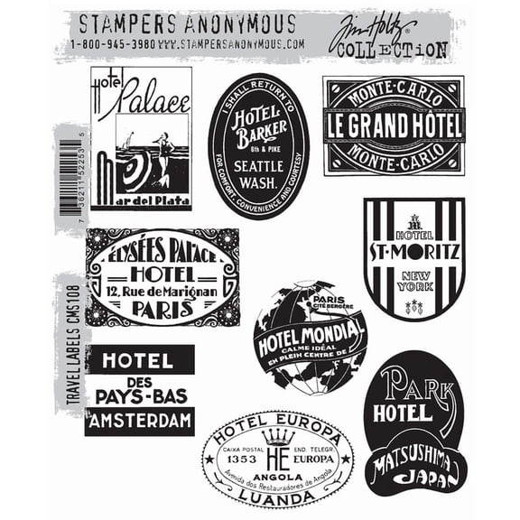 Stampers Anonymous Tim Holtz Large Cling Rubber Stamp Set, Travel Labels