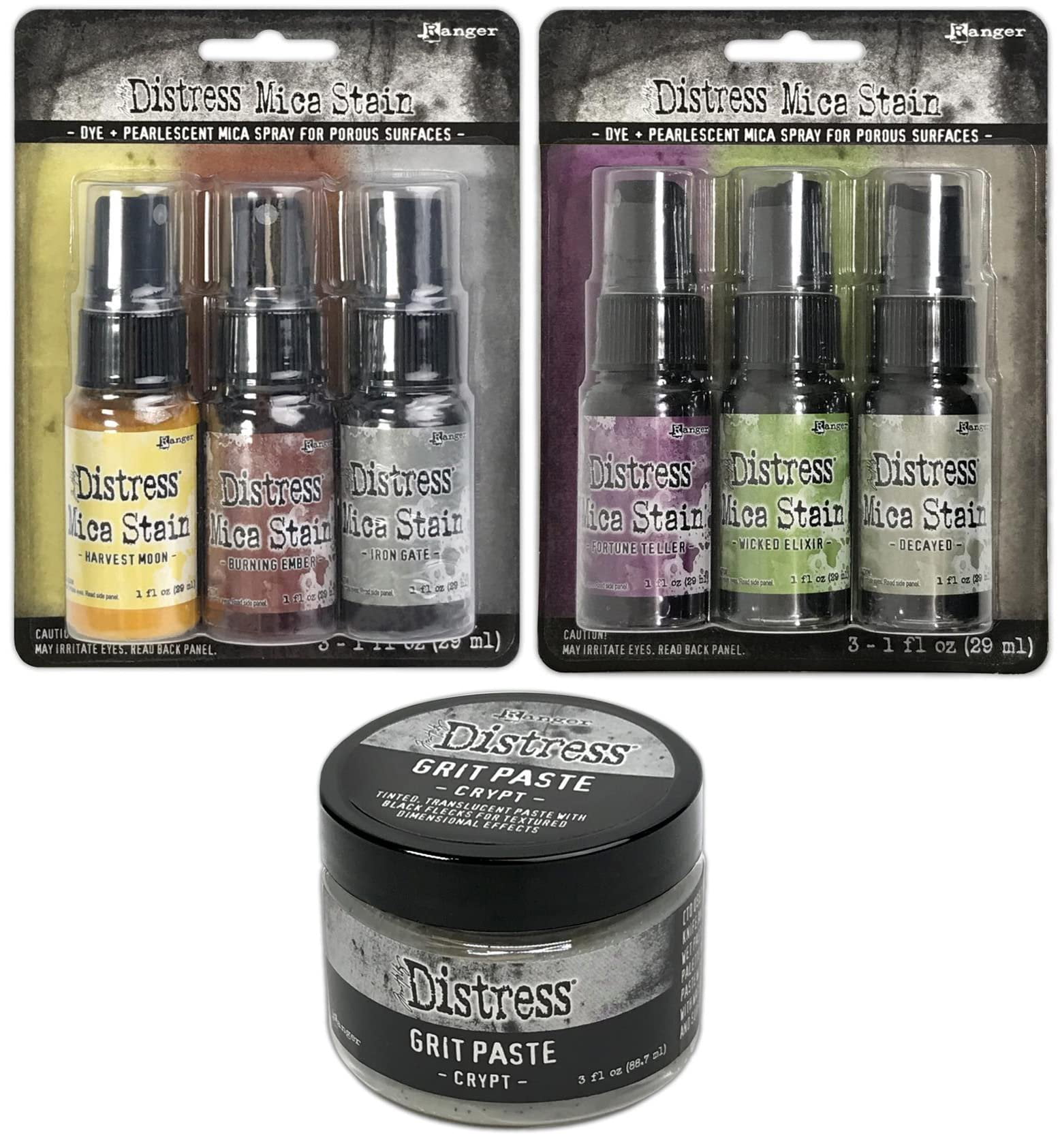 Tim Holtz Distress 2022 Halloween Mica Stains Sets #3 and #4 and Halloween Crypt Grit Paste - Limited Edition - 3 Item Bundle, red green