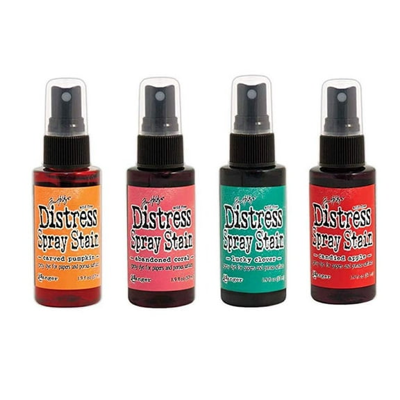 Tim Holtz - Distress 4pk Spray Stain - Lucky Clover, Candied Apple, Carved Pumpkin, Abandoned Coral