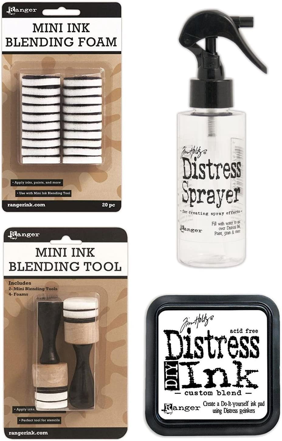 Tim Holtz Distress Bundle of 4 Items - Sprayer, DIY Ink Pad, Blending Tools, and Blending Foams