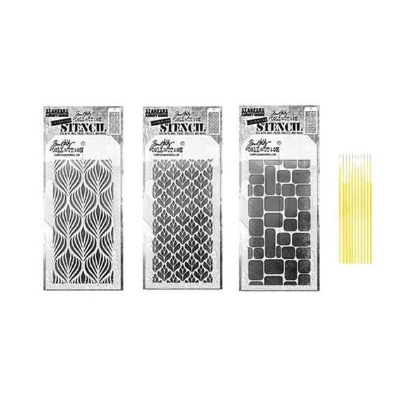Tim Holtz Layering Stencil Collection - 3 Pack of Stencils, THS 183, 182, and 178 - Use with Inks, Paints, Pastes and More - with Trebbies Fine Detail Sticks