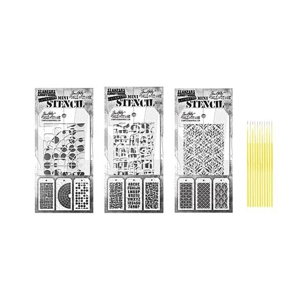 Tim Holtz Layering Stencil Collection - 3 Pack of Stencils, THS 58, 59, and 60 - Use with Inks, Paints, Pastes and More - with Trebbies Fine Detail Sticks