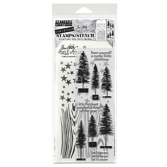 Tim Holtz Mixed-Media Stamps & Stencil-Bottlebrush Trees