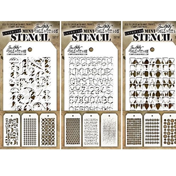 Tim Holtz - Nine Mini Layering Stencils - Numeric, Houndstooth, Rings, Honeycomb, Schoolhouse, Dot Fade, Tiles, Harlequin and Splotches - aka sets 7, 8 & 9