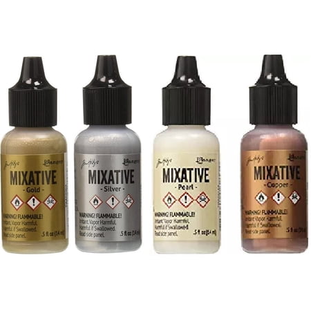 Tim Holtz Ranger Adirondack Alcohol Ink Metallic Mixatives, Bundle of 4 Colors - Pearl, Copper, Silver and Gold