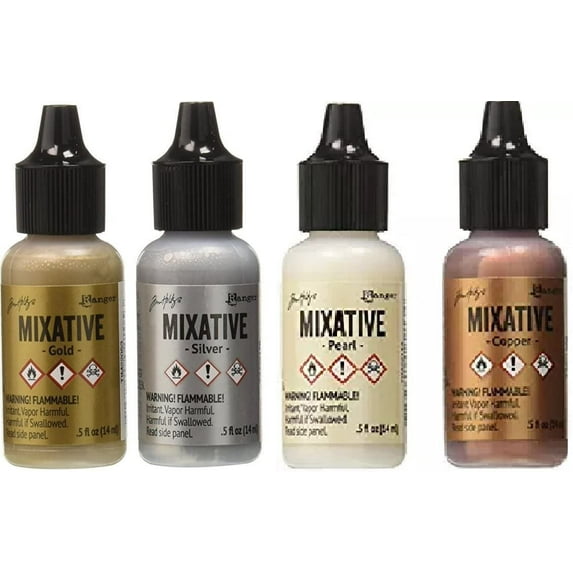 Tim Holtz Ranger Adirondack Alcohol Ink Metallic Mixatives, Bundle of 4 Colors - Pearl, Copper, Silver and Gold