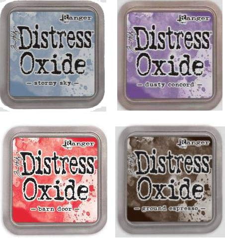 Tim Holtz Ranger Distress Oxide Ink Bundle F - Four 3" x 3" Pads - Stormy Sky, Dusty Concord, Barn Door, and Ground Espresso (New for Fall 2018)