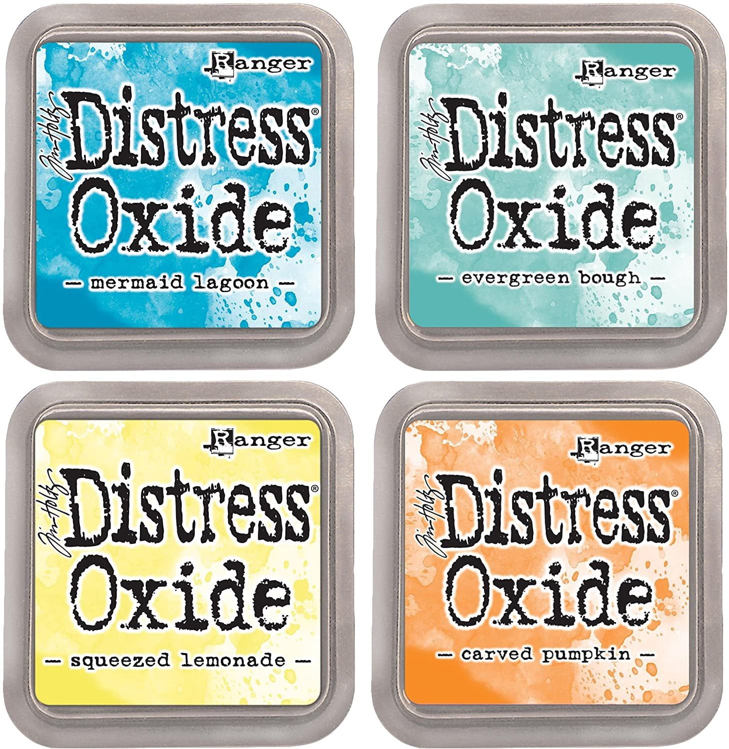 Tim Holtz Ranger Distress Oxide Ink Bundle - Four 3" x 3" Pads B - Brights : Mermaid Lagoon, Evergreen Bough, Squeezed Lemonade, and Carved Pumpkin