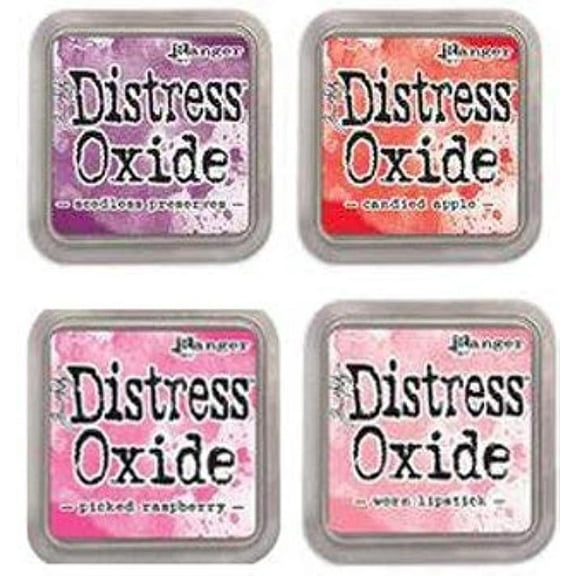 Tim Holtz Ranger Distress Oxide Ink Bundle - Four 3" x 3" Pads D : Seedless Preserves, Candied Apple, Pickled Raspberry, and Worn Lipstick