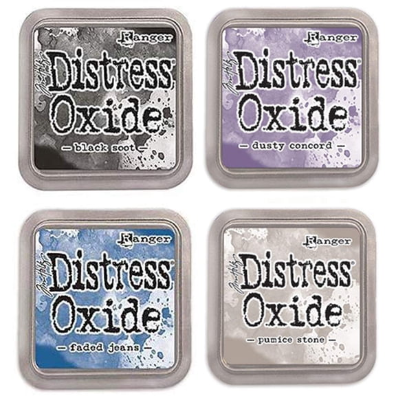 Tim Holtz Ranger Distress Oxide Ink Bundle - Four 3" x 3" Pads (N - Night Sky : Black Soot, Dusty Concord, Faded Jeans, and Pumice Stone)