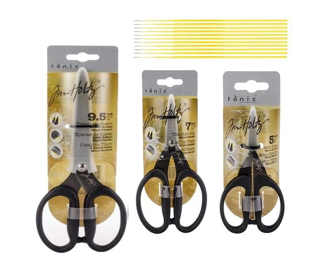 Tim Holtz Scissors All Purpose Bundle - 9.5" & 7" Titanium Snips plus 5" Mini Snips with Micro Serrated Blade Edge - Non Stick Craft Tool for Cutting Paper, Fabric, and Sewing with Trebbies Sticks