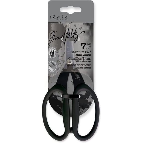 Tim Holtz Small Titanium Scissors - 7 Inch Mini Snips with Micro Serrated Blade - Non Stick Craft Tool for Cutting Paper, Fabric, and Sewing - Black Comfort Grip Handles