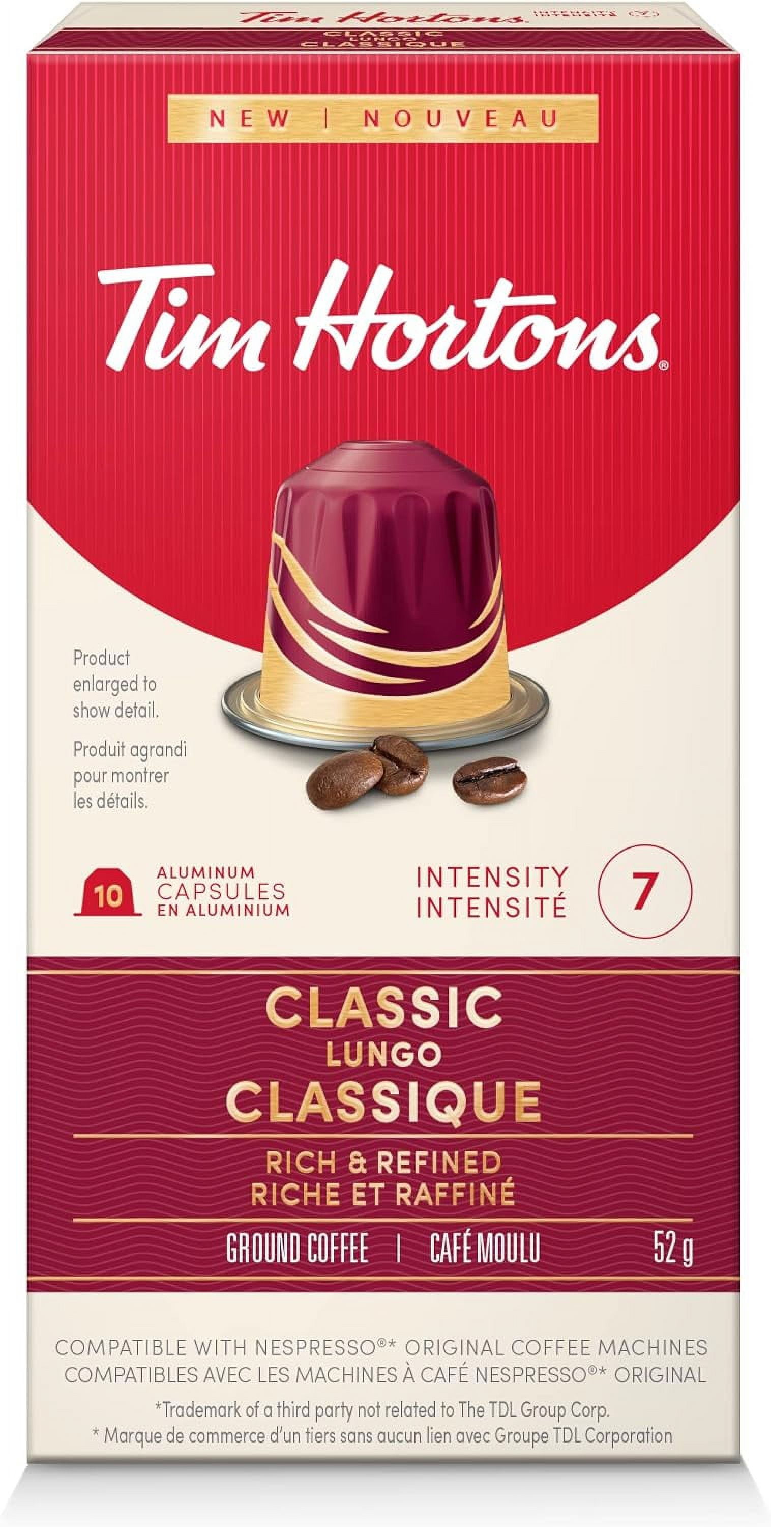 Tim Hortons Classic Lungo, Rich & Refined Coffee, Nespresso Aluminum Capsules, 10 Capsules, 52g/1.8 oz