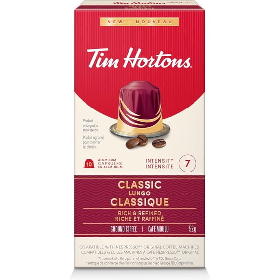 Tim Hortons Classic Lungo, Rich & Refined Coffee, Nespresso Aluminum Capsules, 10 Capsules, 52g/1.8 oz