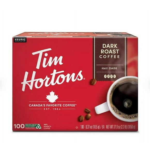 Tim Hortons Dark Roast Coffee, Single-Serve K-Cup Pods Compatible with Keurig Brewers, 100ct K-Cups