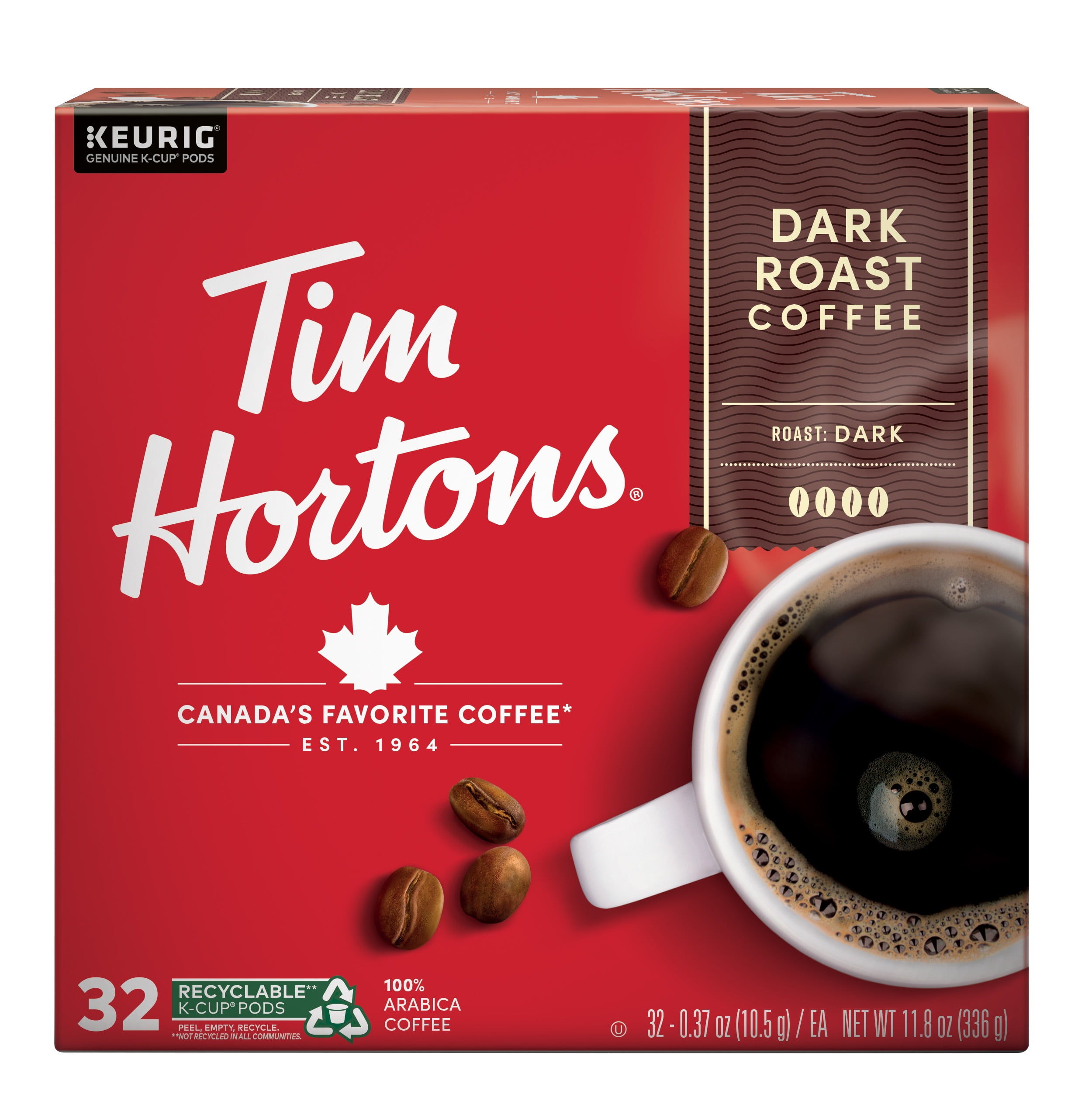 Tim Hortons Dark Roast K-Cup Coffee Pods for Keurig Brewers, Recyclable, 32 Ct