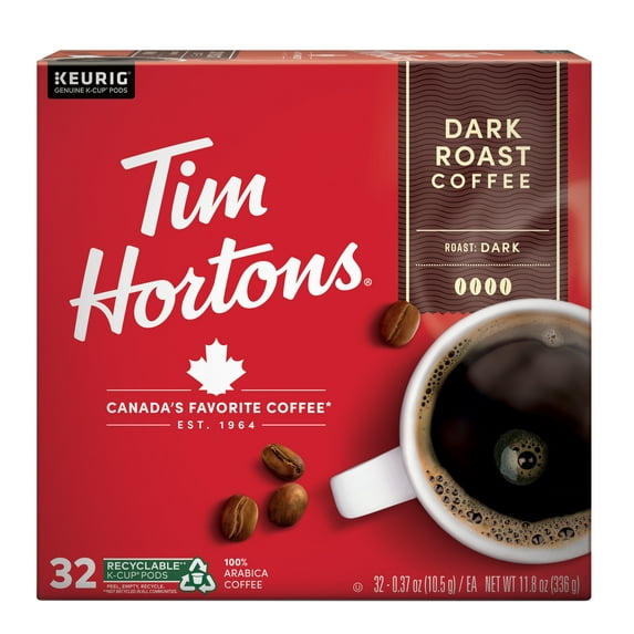 Tim Hortons Dark Roast K-Cup Coffee Pods for Keurig Brewers, Recyclable, 32 Ct