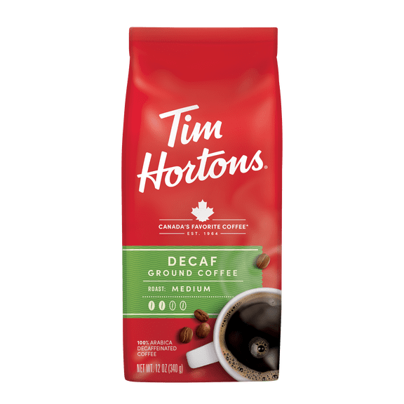 Tim Hortons Decaf Ground Coffee, 100% Arabica Medium Roast, Naturally Decaffeinated, 12 oz