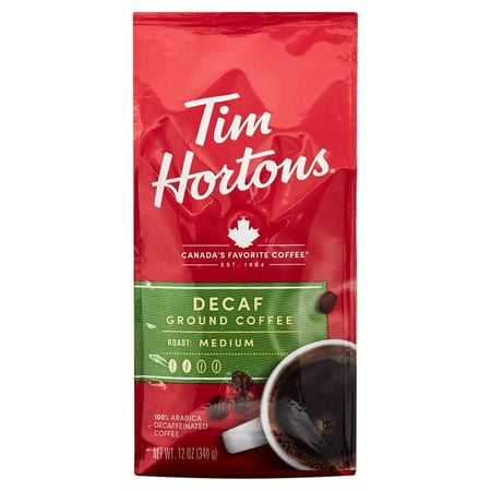 Tim Hortons Decaf Ground Coffee, 100% Arabica Medium Roast, Naturally Decaffeinated, 12 oz