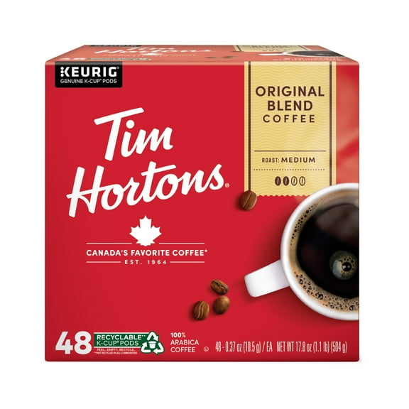 Tim Hortons Original Blend, Genuine Medium AIS1Roast Coffee, Single-Serve K-Cup Pods, 48ct