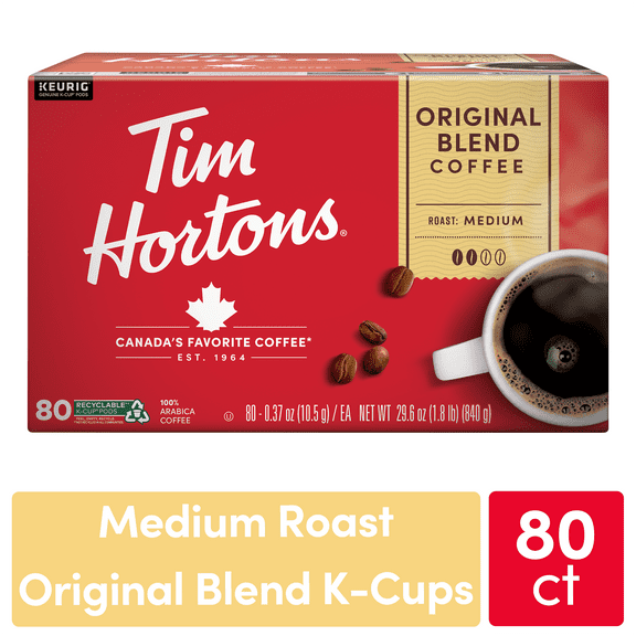 Tim Hortons Original Blend K-Cup Coffee Pods, Medium Roast, Recyclable, 80ct for Keurig Brewers