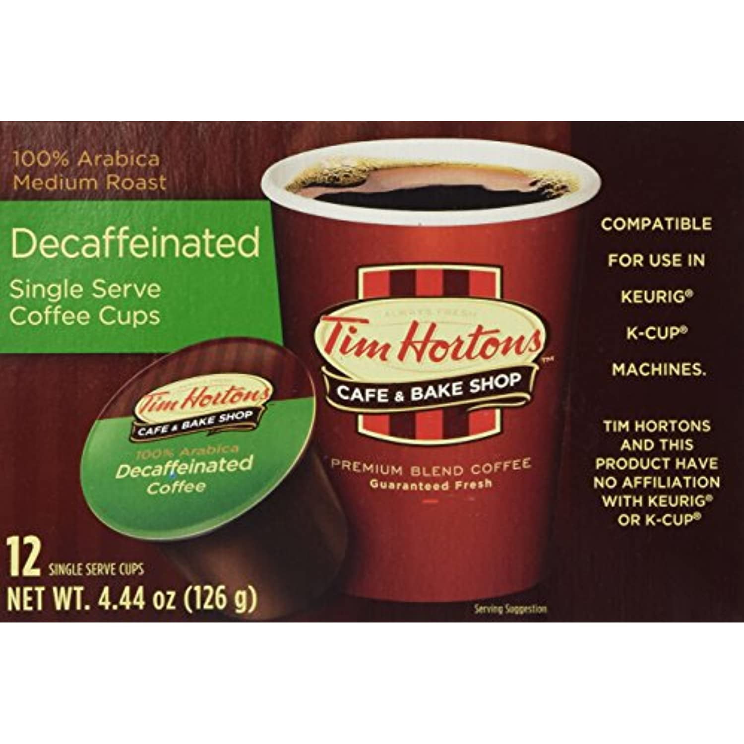 Tim Hortons Single Serve Realcup - Decaffeinated Coffee Cups - 12 Ct, Brown