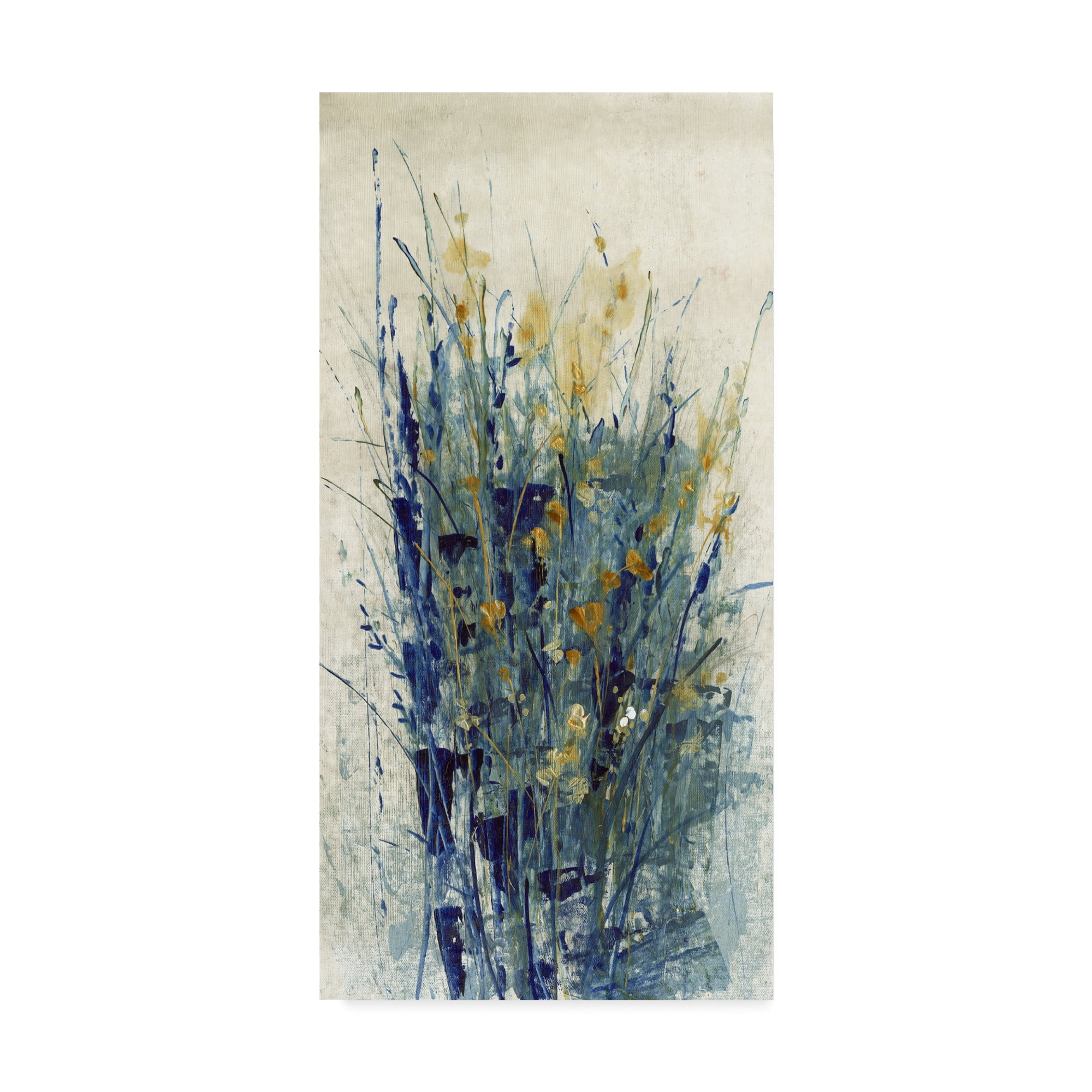 Indigo and Gold Floral Abstract Canvas Art, 32" x 16"