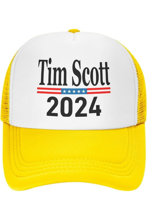 Tim Scotts for President 2024 Election Trucker Hat Men Mesh Baseball Cap Women Sun Hat Dad Cap Fishing hat Yellow