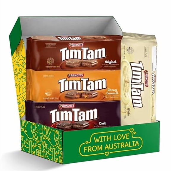 Tim Tam Cookies Gift, Snack Box, Australian Cookies Variety Pack with Chocolate Filling, 4 Pack Full of Original, Dark, Caramel & White Flavors - Perfect Cookie Gift