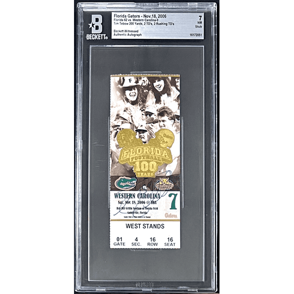 Tim Tebow Signed Florida Gators Nov. 18, 2006 Ticket Stub Beckett NM7 16172051