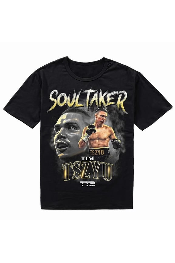 Tim Tszyu Soul Taker Graphic T-Shirt, Featuring Champion Artwork and T2 Branding Tee,Black color,size XL