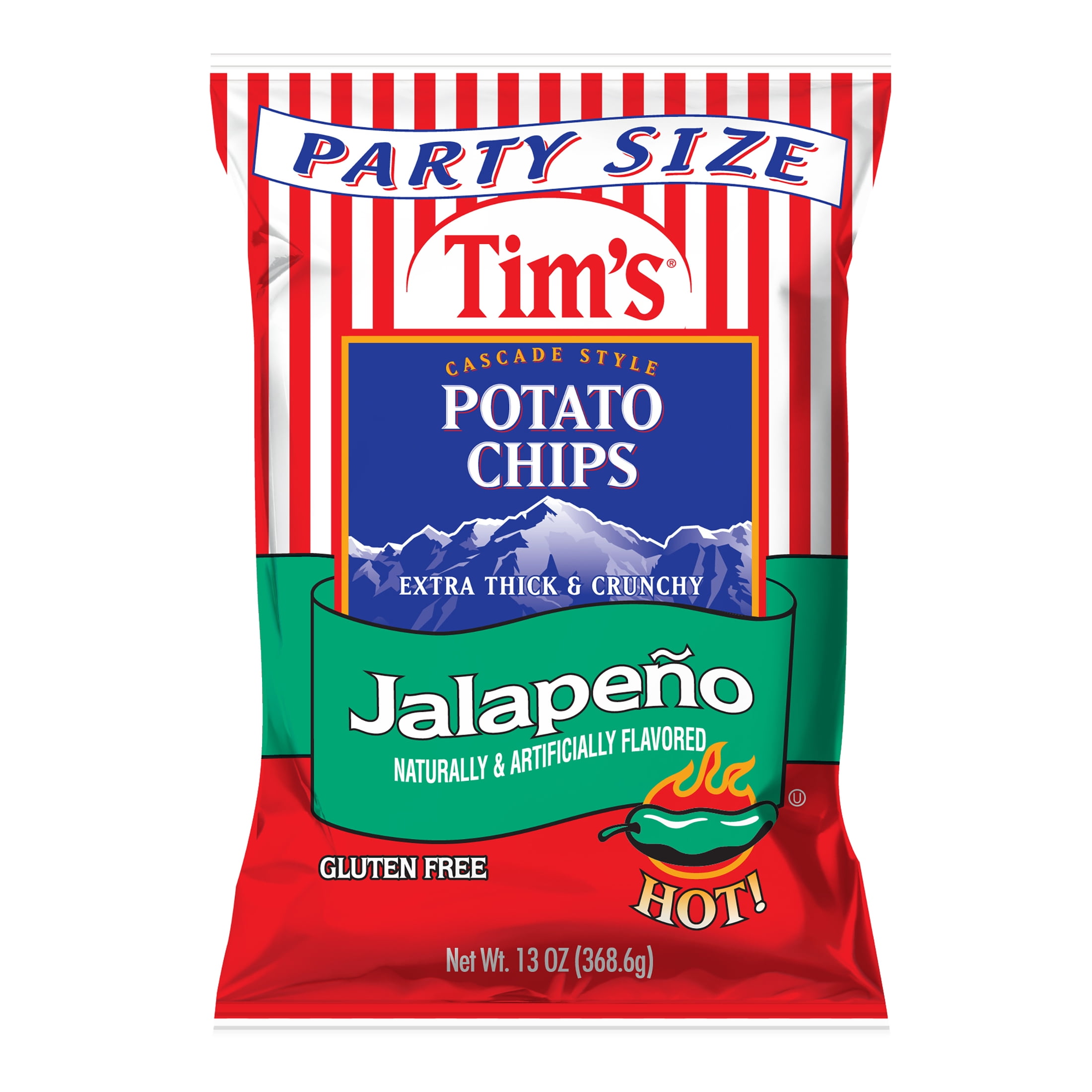 Tim's Cascade Snacks Jalapeno Cascade Style Potato Chips, Gluten-Free, Party Size, 13 oz Bag