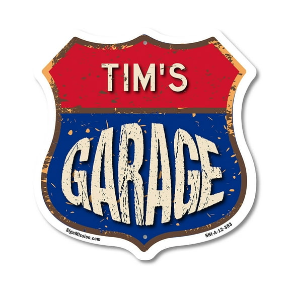 Tim's Garage 12 inch X 12 inch Shield-Shaped Rust-Free Aluminum Metal Sign Weather Resistant, UV Protected To last, Gift for Dads and Uncles Classic Americana Crafted in the USA