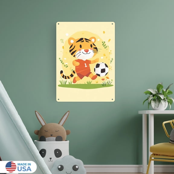 Tim the Scoring Tiger Metal Sign Wall Decor by Dancing Littles Jungle - Size 12x16 inch