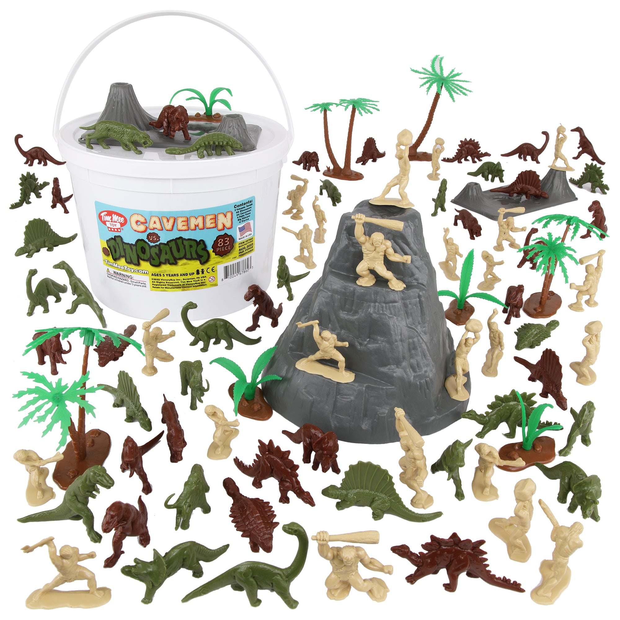 TimMee Bucket of Prehistoric DINOSAUR & CAVEMAN 83pc Plastic Figures