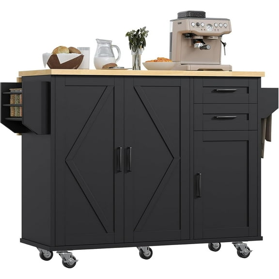 Timagebreze 43"W Rolling Kitchen Island with 3 Doors, 2 Drawers & Adjustable Shelves,Kitchen Cart with Rubberwood Countertop,Black