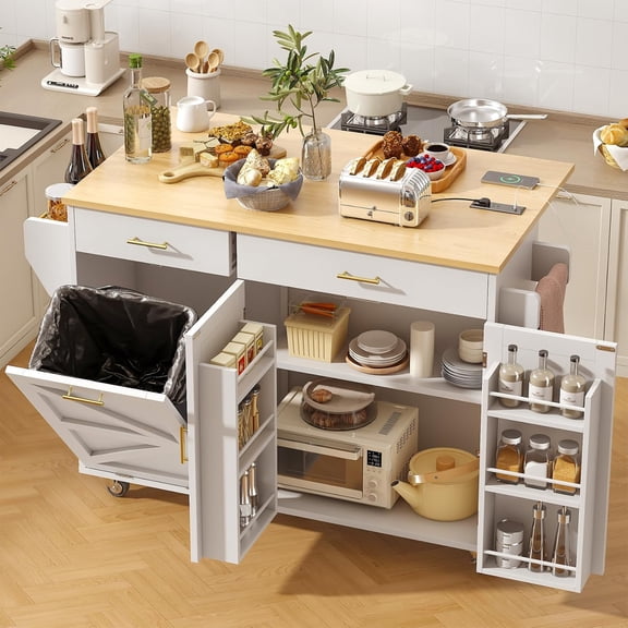 Timagebreze 51.8" Kitchen Island Cart with Power Outlet & Drop Leaf, Mobile Cart with Trash Storage and Racks,White