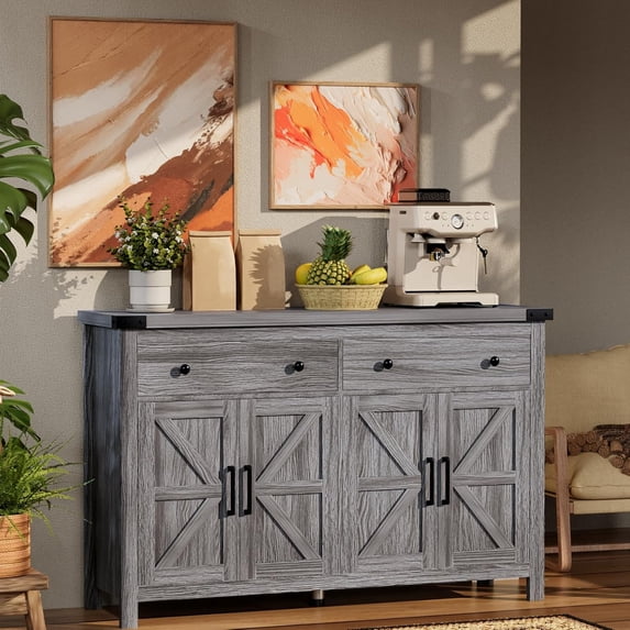 Timagebreze 55"W Inch Storage Sideboard with Coffee Bar Station,Farmhouse Buffet Cabinet with 4 Doors & 2 Drawersfor Dining Room & Kitchen,Grey