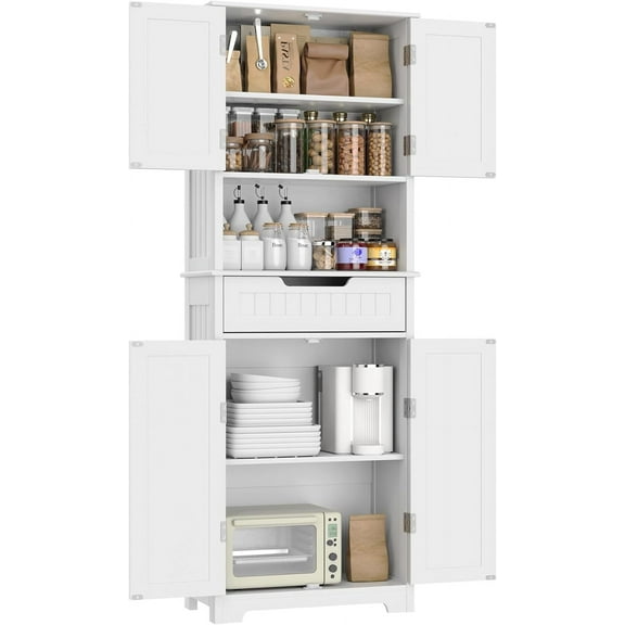 Timagebreze 67 Inch Pantry Cabinet with Drawer,4 Doors & 2 Shelves for Kitchen Storage,Modern White