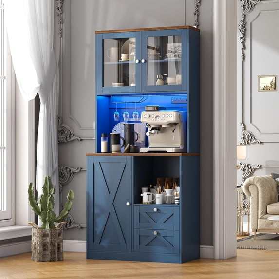 Timagebreze 71 Inch Farmhouse Pantry with LED Lighting & Electrical Outlet, Tall Kitchen Cabinet with Microwave Stand,Blue