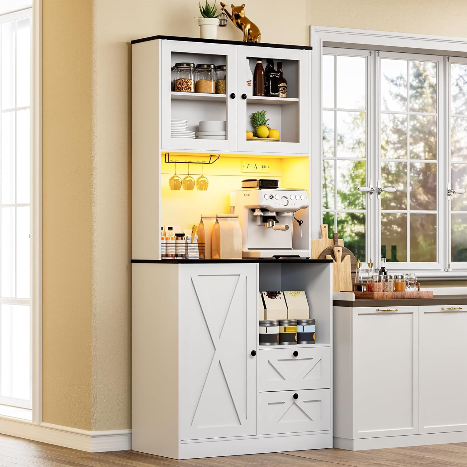 Timagebreze 71 Inch Farmhouse Pantry with LED Lighting & Electrical ...
