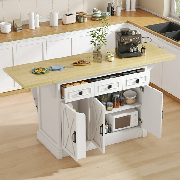 Timagebreze 71" W Rolling Kitchen Island with Drop Leaf, Power Outlet & 3 Drawers, Trash Storage Cabinet with Spice Racks,White