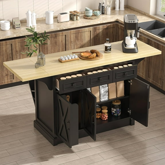 Timagebreze 71"W Rolling Kitchen Island with Drop Leaf, Power Outlet & 3 Drawers, Trash Storage Cabinet with Spice Racks